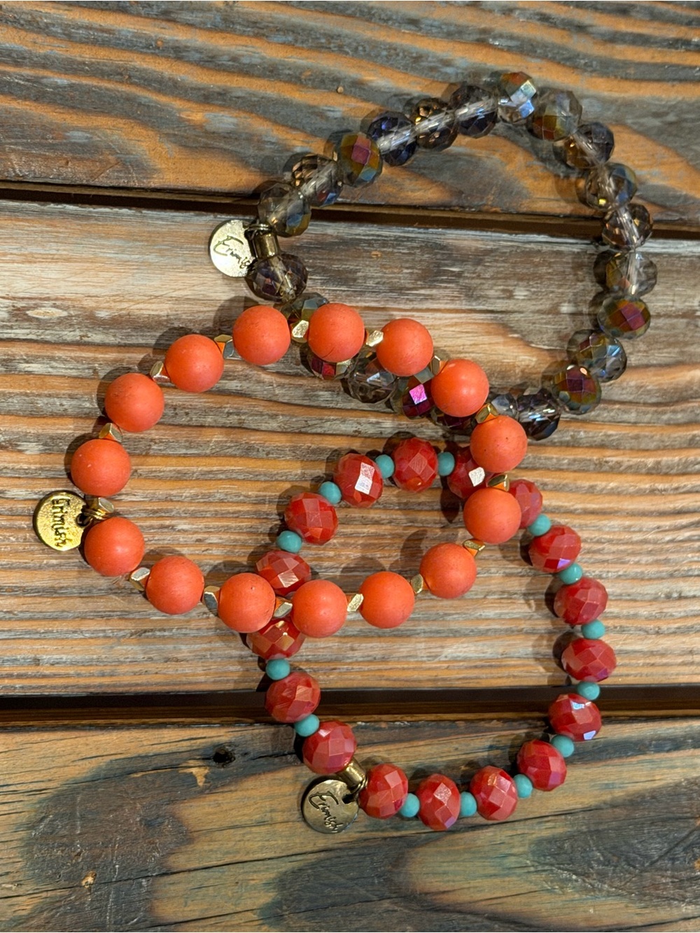 Erimish Three-Piece Women's Beaded Bracelet Set - Coral, Smoky and Red